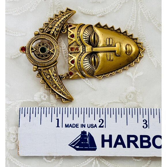VTG Avon 1993 Antiqued Gold African Mask Brooch Aztec Mayan Tribal Pin Book Piec - Picture 5 of 8